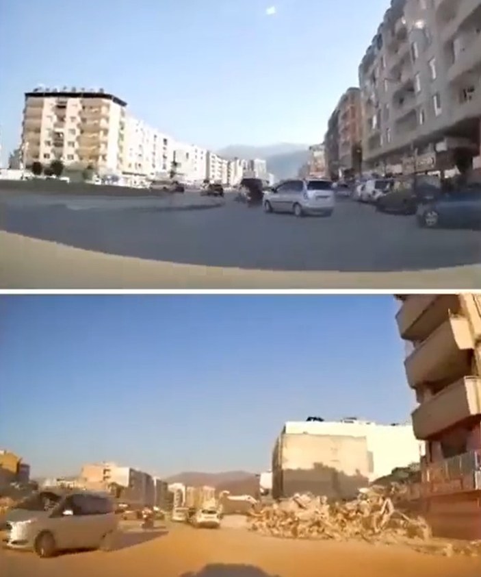İskenderun'da depremin yıkımı araç kamerasında